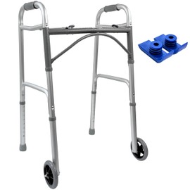 Foldable Lightweight Two Button Walker with 5” Wheels, Includes Ski Glides - Folding Design Ideal for Seniors and Elderly Adults - Adjustable for Tall Men and Women - Standing Handicap Mobility Aids