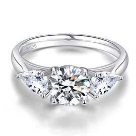 Bonlavie Silver Ring for Women, 925 Sterling Silver Pear and Round Cut White Cubic Zirconia Engagement Ring for Girls - T