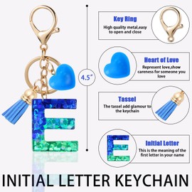 Zesirmay Initial letter Keychains, Sparkly Glitter Letter Keychain with Tassel,Resin Heart,Key Chain for Women,Girls (E, Glitter-blue)