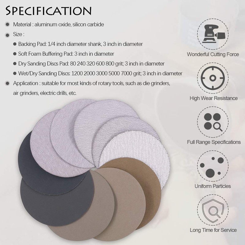 Keadic 50 Pieces 3" Dry Wet and Dry Sanding Discs