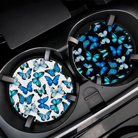 sndheke Car Cup Holder Coaster for Drinks, 2 Pack Car Coasters for Cup Holder, Blue Butterflies Anti-Slip Absorbent Ceramic Car Cup Coasters with Cork Base for Drinks Coffee Women Men 2.56"
