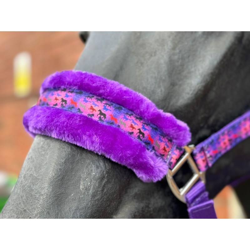 EQUIPRIDE HEADCOLLAR AND LEAD ROAD SET FAUX FUR UNICORN PRINT