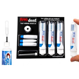 Juego de viaje - 11 piezas/juego contiene: 3 cepillos de dientes plegables, 6 tubos recargables vacíos (3,5 ml), 2 adaptadores de llenado