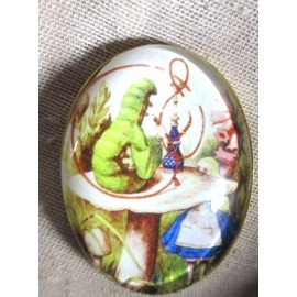 XL GLASS DOME PIC BUTTON "ALICE IN WONDERLAND" ALICE W THE GREEN CATERPILLAR