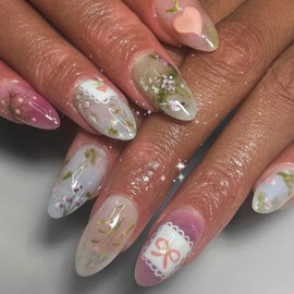 24Pcs Flower Press on Nails Medium Almond Fake Nails Green Leaf Bow White Flower Design Full Cover Artificial Glue on Nails Handmade False Nails Spring Summer Stick on Nails for Women DIY