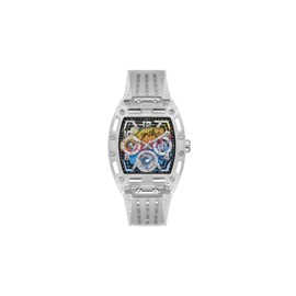 GUESS Mens 44 mm Watch - Clear Strap Rainbow Dial Clear Case