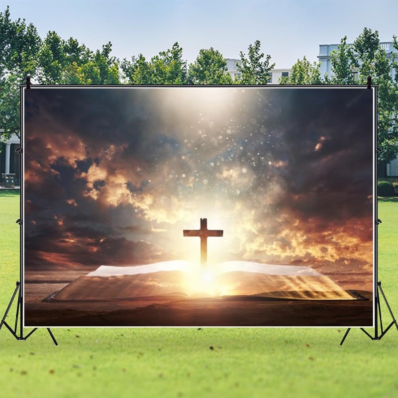 ZARROUEA 7x5ft Jesus Christ Cross Backdrop Opened Holy Bible Book