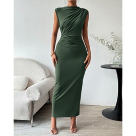 BTFBM Women's Ruched Bodycon Dress Summer Casual Sleeveless Back Slit Elegant Club Evening Party Cocktail Maxi Dresses(Solid Army Green, Small)