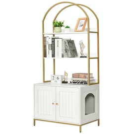 Homhedy Cat Litter Box Enclosure, Litter Box Furniture Hidden with 2-Tier Storage Shelves, Wooden Cat Washroom Furniture with Metal Frame, Modern Style, White and Gold