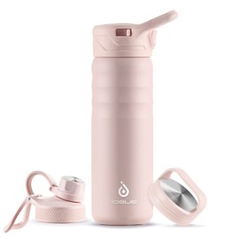 IDEUS Vacuum Insulated Water Bottle, 24 oz Stainless Steel Water Bottles with Straw, Chug and Spout Lid, Reusable Metal Water Bottle Leak Proof Gym Water Bottle, BPA-Free(Light Pink)