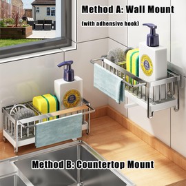 Sponge Holder for Kitchen Sink, Kitchen Sink Caddy, Dish Sponge Organizer with Divider, Dish Soap Dispenser Brush Holder Storage (Silver Large)