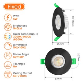 ALUSSO LED Recessed Spotlight, 230 V, 68 mm, 6 W Recessed Spotlight, LED Flat, 3CCT, Warm White, 3000 K, Natural White, 4000 K, Cool White, 6500 K, IP44 Recessed Spotlight, LED Dimmable for Kitchen,