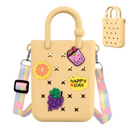 Oudizz Mini Rubber Tote Bag, Silicone Beach Tote for Little Girl & Woman, Cute Bag with 20 Charms & Adjustable Shoulder Strap (Milk Tea Color)