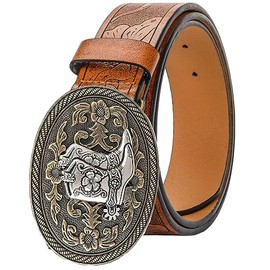 Western PU-Leather Cowboy Cowgirl Buckle Belt for Men Women Jeans - Engraved Floral Boots Texas Buckle Belt