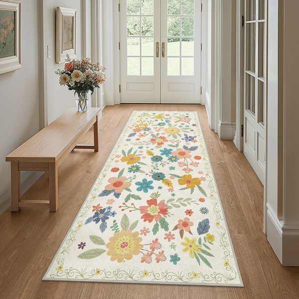 Bavni 2x10 Runner Rug, Long Foldable Floral Rugs for Hallways