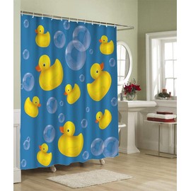 HOSNYE Rubber Duck Shower Curtain 60x72 Inch Kids Soap Bubble on Blue Polyester Stall Curtains with Hooks for Bathroom Showers
