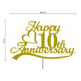 Decoración para tartas de décimo aniversario con purpurina dorada, 10 ideas de decoración de bodas, aniversario de boda, calidad premium, resistente con purpurina de doble cara, palo de acrílico. Fabricado en Estados Unidos (oro 10)