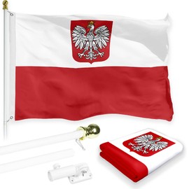 G128-6 Feet Spinning Flagpole (White) Poland (Ensign) 150D Flag Brass Grommets Printed 3x5 ft (Flag Included) Aluminum Flag Pole