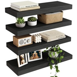 Fixwal Floating Shelves for Wall, Wall Mounted Rustic Wood Shelves for Bathroom, Living Room, Bedroom and Kitchen, Wall Shelves for Storage,Books,Room Decor (Black, Set of 4, 15.8 Inch)