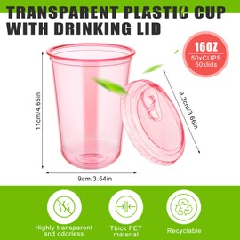 50 Sets Disposable Stemless Glasses With Strawless Sip Lids,PET Drinking Cups,Clear Plastic Coffee Cups for Iced Coffee, Smoothie, Cold Beverage, Drink Shop and Christmas Party Supply (Pink, 16 oz)