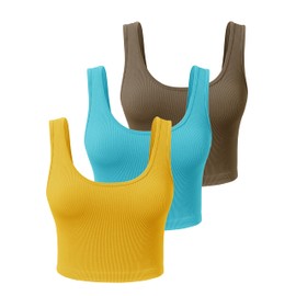 SPRIMEMONG Women's Ribbed Crop Tank Yoga Cropped Top for Workout(Aquamarine,Champange,Cedar Brown,M)