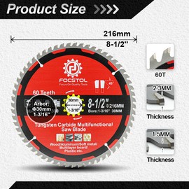 FOCSTOL Circular Saw Blade 216 mm x 30 mm - 60 Teeth for Wood, Aluminium, Plastic and Non-Ferrous Metals