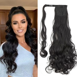 Gairyan 60 cm Wavy Ponytail Extension, Wrapped Hair Extension, Ponytail Hairpiece, Braid Extensions, Curly Long Synthetic Hair, Braid Hairpiece, Synthetic Hair for Women (Dark Brown)