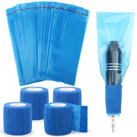 Dynvue 200Pcs Tattoo Machine Wrap with Self-adhesive Strip, 4Pcs Tattoo Grip Wrap and Tattoo Pen Machine Bags 8.27 x 2.56 inch,Grip Tape Tattoo 196.9 x 1.96 inch Blue Tattoo Accessories
