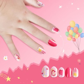 Kawyehu Kids Press on Nails Almond Children Fake Nails Artificial Nail Tips Adhesive Full Cover Short False Fingernails for Girls Kids Nail Decoration (Sweet Heart)