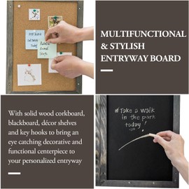 MyGift Wall Mounted Vintage Gray Wood Entryway Bulletin Board Combo Set with Chalkboard, Cork Board, 2 Storage Display Shelves and 3 Key Hooks, Family Command Center Wall Organizer