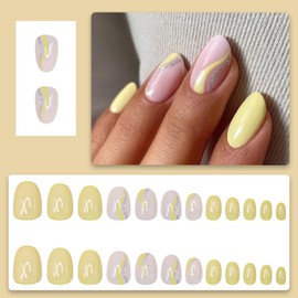 Yellow Almond Shaped Press on Nails Short Fake Nails Glitter Acrylic Full Cover False Nails Set with Designs Sparkly Reusable Stick on Nails for Women Nails Bling Manicure Decoration 24 Pcs
