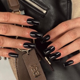 KQueenest All Black Press On Nails Medium Long Square Nails Press Ons Gloss, Solid Color Full Cover Medium Fake Nails For Women, Thick Gel Coffin Acrylic Nails, False Nails For Winter Manicure 24 Pcs