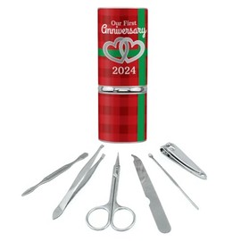 Our First Anniversary Hearts Red Plaid Green Bow 2024 Stainless Steel Manicure Pedicure Grooming Beauty Care Travel Kit