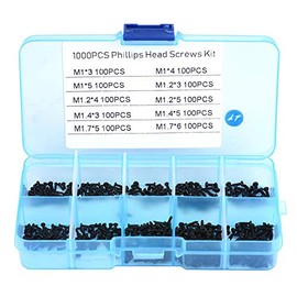 Tornillos autorroscantes de acero inoxidable 1000 piezas M1 M1.2 M1.4 M1.7 cabeza redondeada Phillips pequeños surtido con caja negro