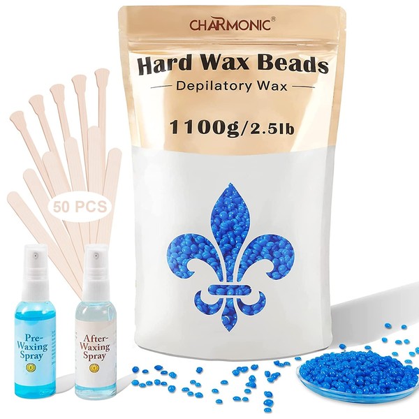 2.5 lb/1100g Wax Beads, Hard Wax Kit with 2 Wax Treatment Oils, Hard Wax Beads for Legs Underarm Face Bikini, and Brazilian Hair Remover, Women and Men Hair Removal Wax Beans Include 50 Waxing Sticks