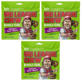 Big League Chew Sour Apple Bubble Gum 3-Pack - 2.12oz Packets - Swingin’ Sour Apple Baseball Gum - Big League Chew Baseball Candy Set for Treats, Party Favors & More - Softball Candy For Teams