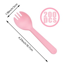 200Pcs Disposable Plastic Spoons Individually Wrapped Utensils 2 in 1 Fork and Spoons for Dessert Restaurant Outdoors Party Home Office Use (Pink)