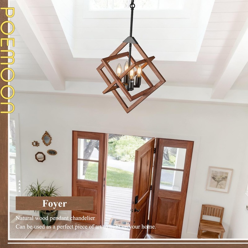 Poemoon 18" Farmhouse Wooden Chandelier 4-Light Geometric Pendant Lighting
