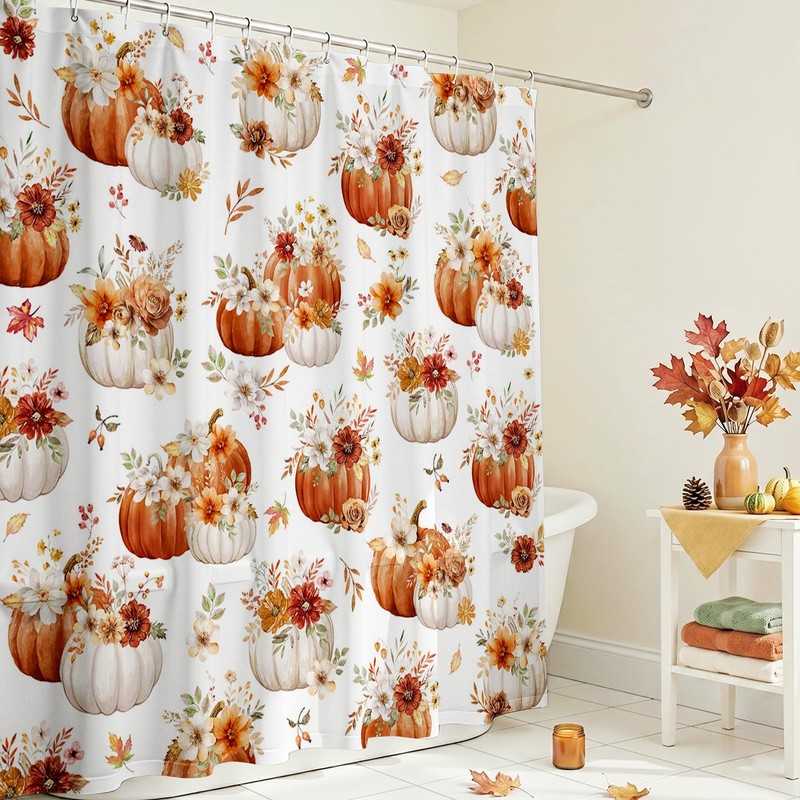 Lindameler Fall Shower Curtain for Bathroom Autumn Farmhouse Floral Pumpkin