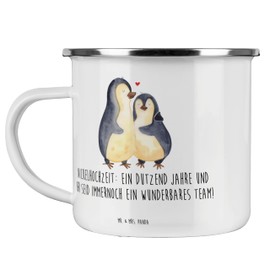 Mr. & Mrs. Panda Camping Emaille Tasse 12. Hochzeitstag Nickelhochzeit - Geschenk, zwölf Jahre Ehe, Heiraten, einzigartige Accessoires, Liebe,