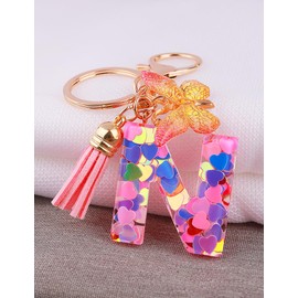Initial Letter Keychain for Women Gift Cute Butterfly Tassel Resin Keychain Wallet Car Backpack Handbag Charm Accessories