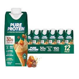 Pure Protein Ready to Drink Protein Shake, Caramel Macchiato, 30g Protein, Caffeine for energy + L-Theanine, 150 Calories, Less than 1g Sugar, 4g Fiber, Non-GMO, 11oz Bottles, 12 Pack