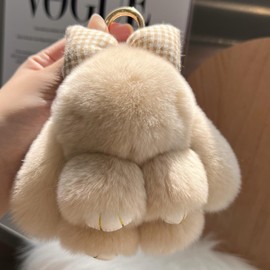 Fluffy Bunny Keychain with Bow Cute Plush Key Rings Soft Pompom Keychain for Women Girls backpack Handbag (Milk Brown)