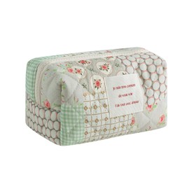 uekeboag Small Cute Floral Quilted Cotton Makeup Bag,Mini Coquette Quilted Cosmetic Pouch with Zipper,Kawaii Travel Toiletry Bags for Purse(04 Green Checked)