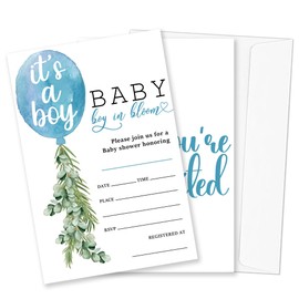 FRRCREU Baby In Bloom! Baby Shower Invitations - It's A Boy - 25 Double-Sided Fill In Blue Balloons Invites With Envelope For Boy, Baby Shower Decoration, Party Favor And Supplies - A02