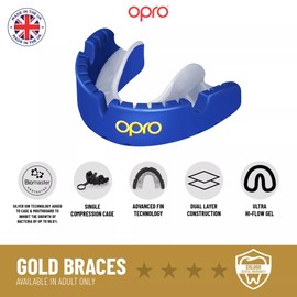 Gold Level Mouthguard with Braces Bumper, Sports Mouth Guard in Adult & Youth Sizes, Revolutionary Fitting Tech for All Contact Sports - Opro by Marcy - Multiple Colors (Blue, Adult)