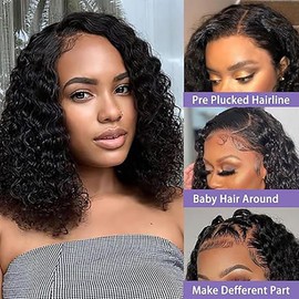 Weeybay Real Hair Wig for Women Wigs Short Bob Curly Wave Human Hair Wig Natural Black 4x4 Lace Closure 150% Density Unprocessed Brazilian Remy Glueless #1B Colour 12 Inches