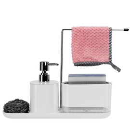 TOTSUN Sink Organiser, Kitchen Dishwashing Liquid Dispenser Set, Soap Dispenser Set, 3 in 1 Soap Dispenser Kitchen Sponge Holder, Sink Organiser for Kitchen Sink White