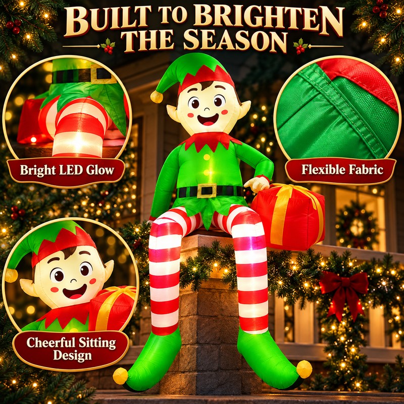 8FT Christmas Inflatable Elf for Holiday Display – LED Lighted