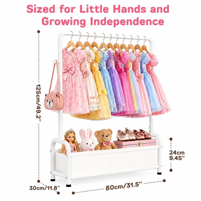 Kids Clothing Rack with Storage Basket Sturdy U-Shaped Dress Up